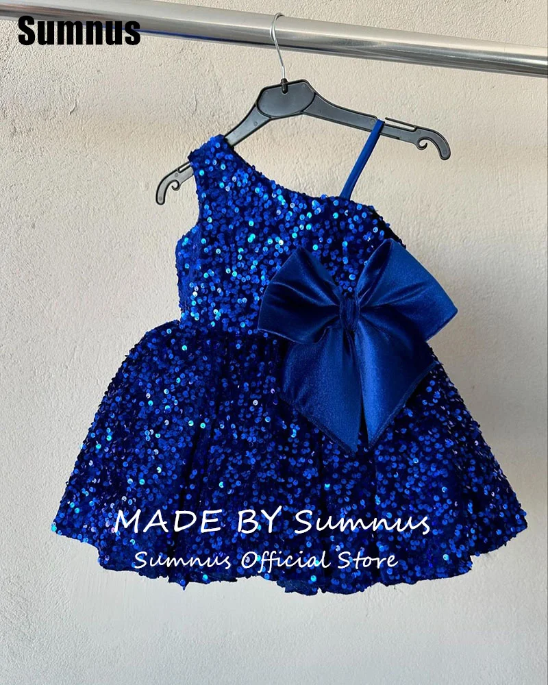 SUMNUS Blue Sequin A-Line Flower Girl Dresses Cute Bow Tiered O-Neck Knee-Length Sleeveless Wedding Occasion Gowns Customized