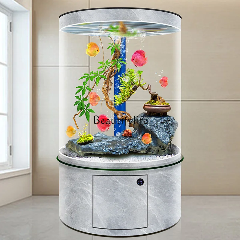 05-*Bottom filter cylindrical fish tank  floor-to-ceiling full barrel ecological no-change aquarium box glass goldfish tank