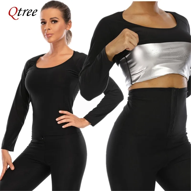 Qtree Sauna Shirt for Women Short Sleeve Sweat Suit for Weight Loss Compression Waist Trainer Workout Slimming Body Shaper Tops