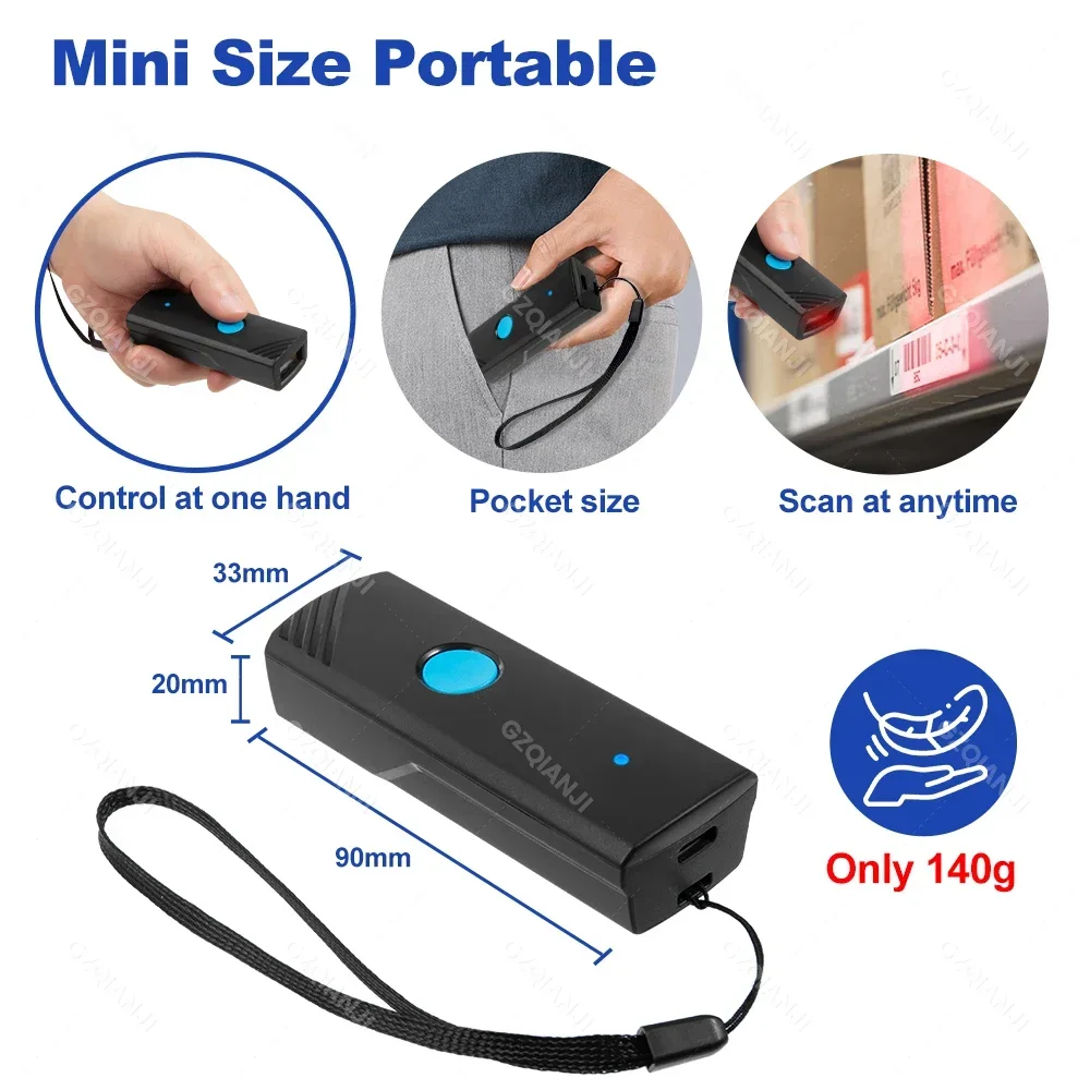 Portable QR Code Bluetooth Scanner Mini 1D 2D Bar Code Reader Compatible USB 2.4GHz Wireless Barcode Reader for Mobile Scan