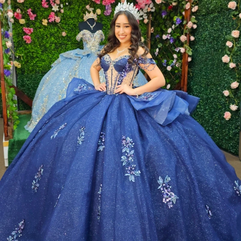 Navy Blue Shiny Quinceanera Dresses Off The Shoulder Applique Lace Beading Crystal Tull Party Birthday Sweet 16 Dress Vestidos