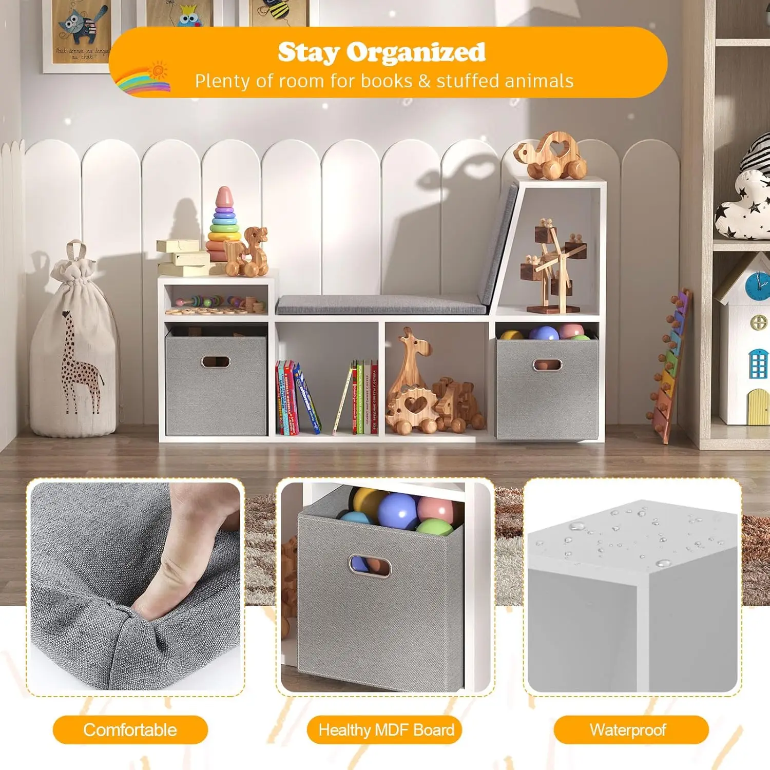 Coin de lecture pour enfants, bibliothèque pour enfants de 6 cubes et coussin souple, rangement polyvalent évalué pour salle de jeux