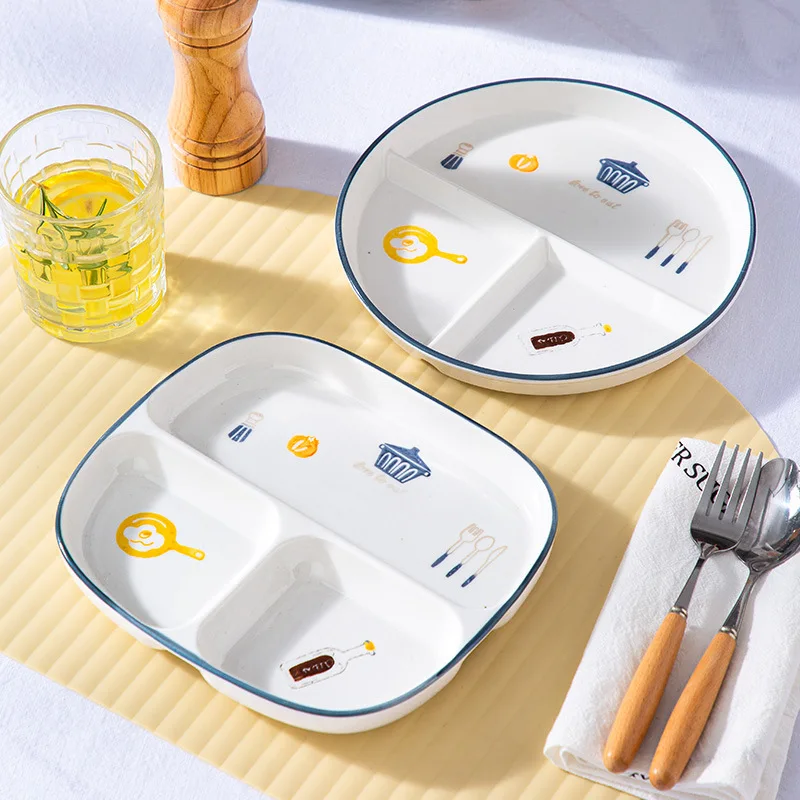 Breakfast Western Noodle Plate Household Three Grid Quantitative Weight Loss Plate Children's 3-grid ceramic meals plates