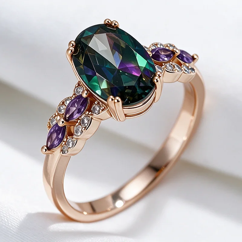 Wbmqda Einzigartige Bunte Steinringe für Frauen 585 Roségoldfarben Mode Zirkon Schmuck Accessoires