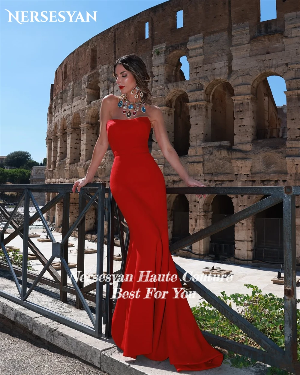 Nersesyan luxe rouge sirène robes de soirée épaules dénudées Satin robe formelle moulante robe de soirée abito cerimonia donna personnalisé