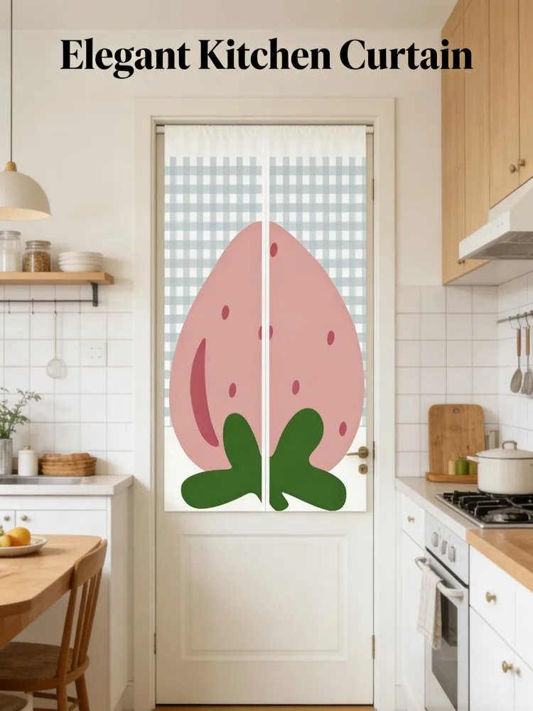 Cute Strawberry Checkered Door Curtain | Pink Fruit Print | Privacy Drape for Kitchen & Bathroom