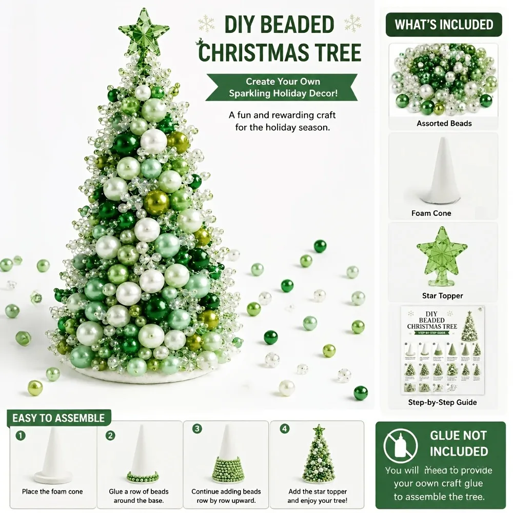 DIY Beaded Christmas Tree Kit, Handmade PVC Glitter Christmas Tree Craft Set, Easy to Assemble Art Kit for Kids And Adults