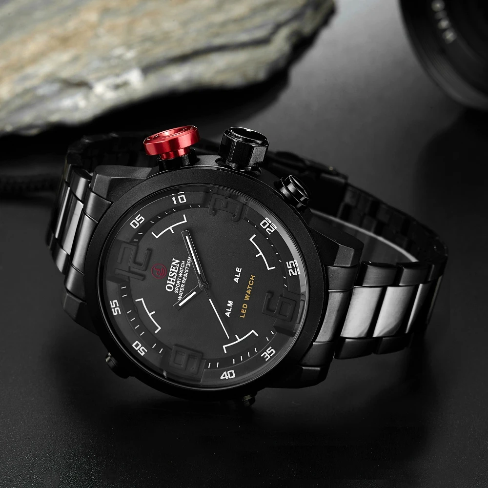 OHSEN Digital quartz Men Business Wristwatches Alloy case Waterproof Black Military man Watch Fashion Multi function Sport Clock