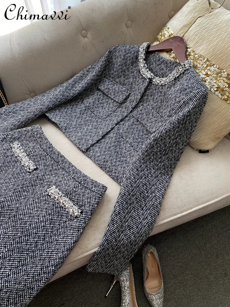 High-end Fashion Gray Long-sleeved Top Jacket High Waist Short Skirt 2-piece Sets New 2024 Autumn Women's Skirt Sets Outfits