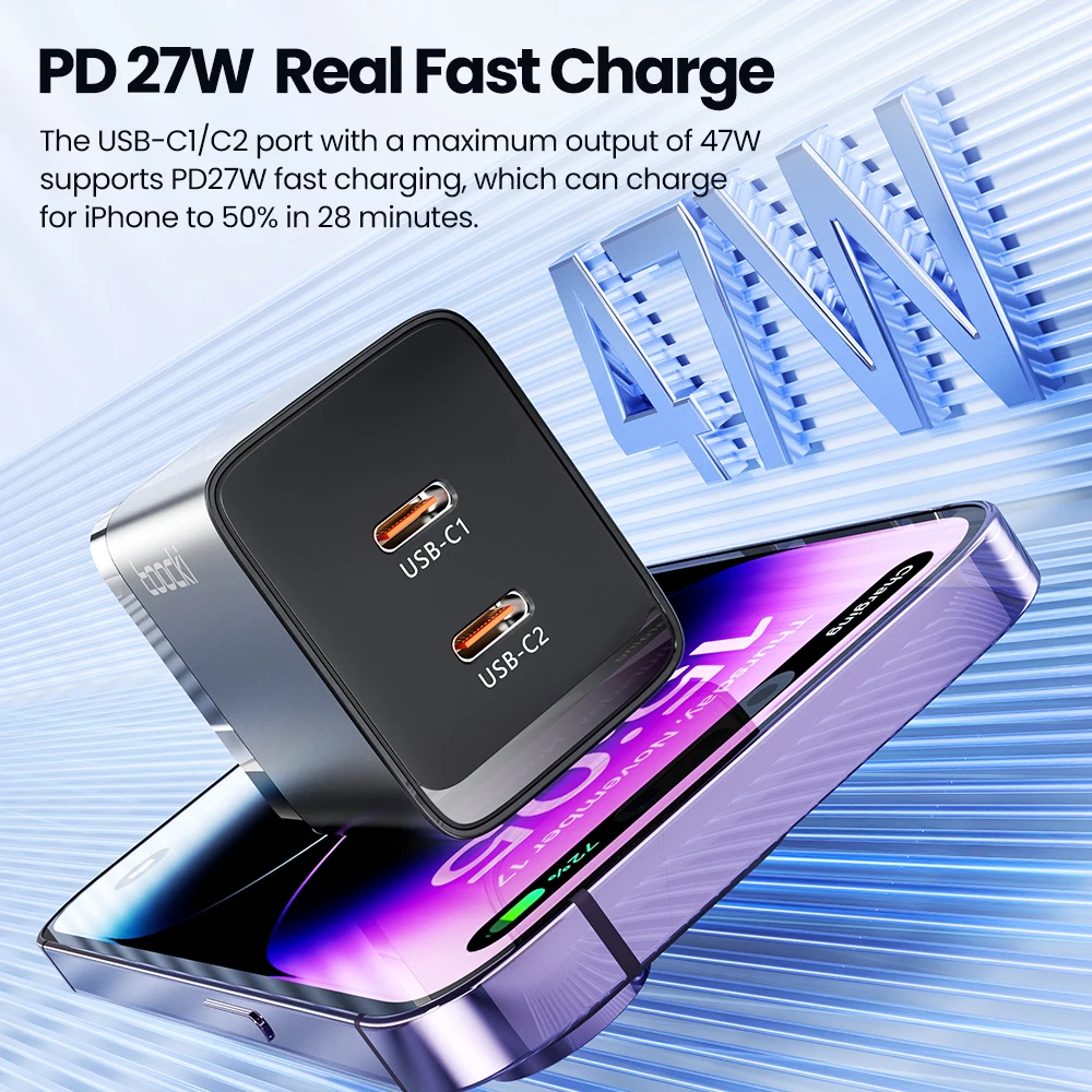 Toocki GaN 47W USB C Charger PD 27W Fast Charing For iPhone 14 13 12 11 ProMax Type C Charger for Samsung Xiaomi Realme POCO