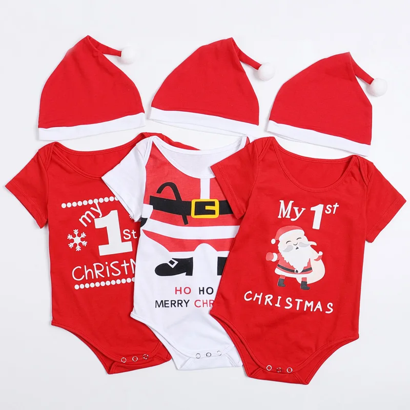 

Baby Cotton Christmas Romper Short Sleeve Round Neck Print Bodysuit Pompom Hat Infant Boy Girl Clothes Xmas Clothing DS29