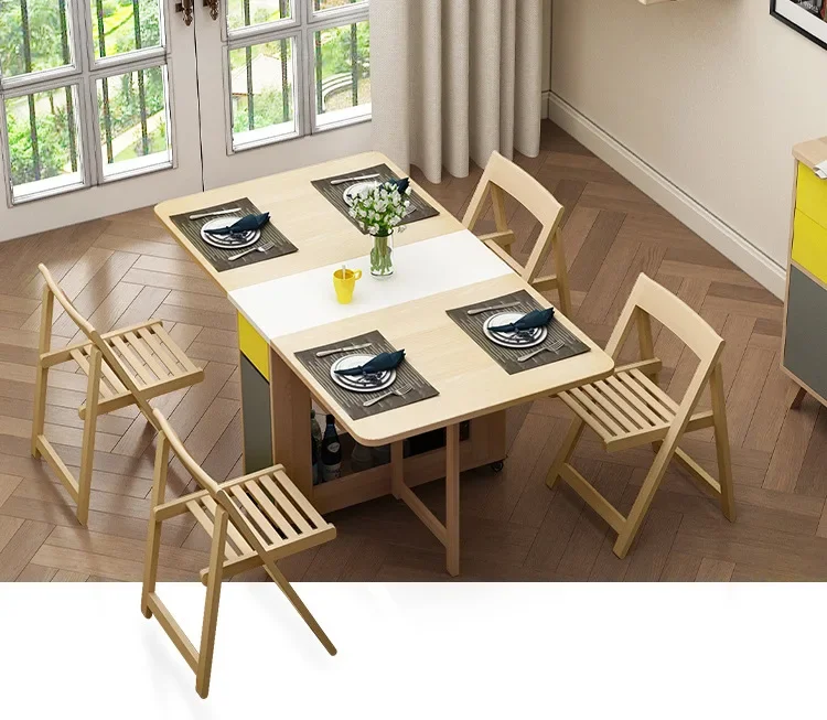 Hot sale dining room furniture 1.4m fold wooden dining table multifunction folding smart dining table with hidden foldable seats