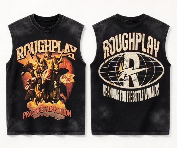 2026 new Washed tank top, double-sided print with myth figure and globe logo, American retro rock loose fit.
