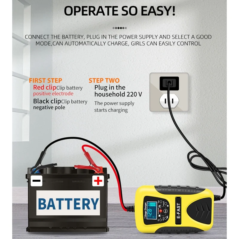 E-Fast 12V 7 Stage Multi-Battery Mode Lead-Acid Battery Charger Power Pulse Repair With LCD Digital Display