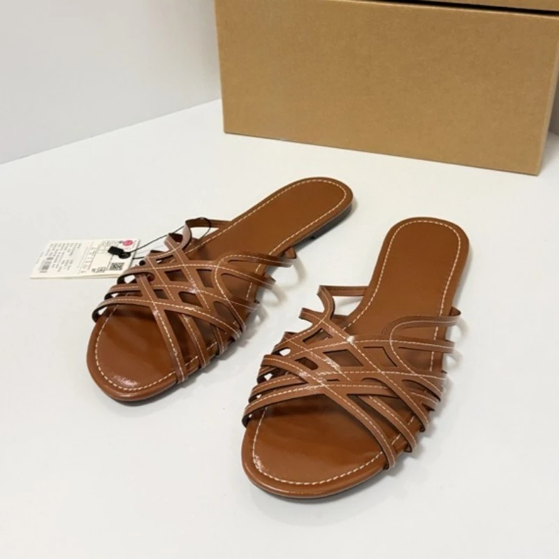 Vintage Roman Woven Flat Slides Women Sandals 2026 Summer Open Square Toe Leather Shoes Soft Outdoor Fashion Slippers