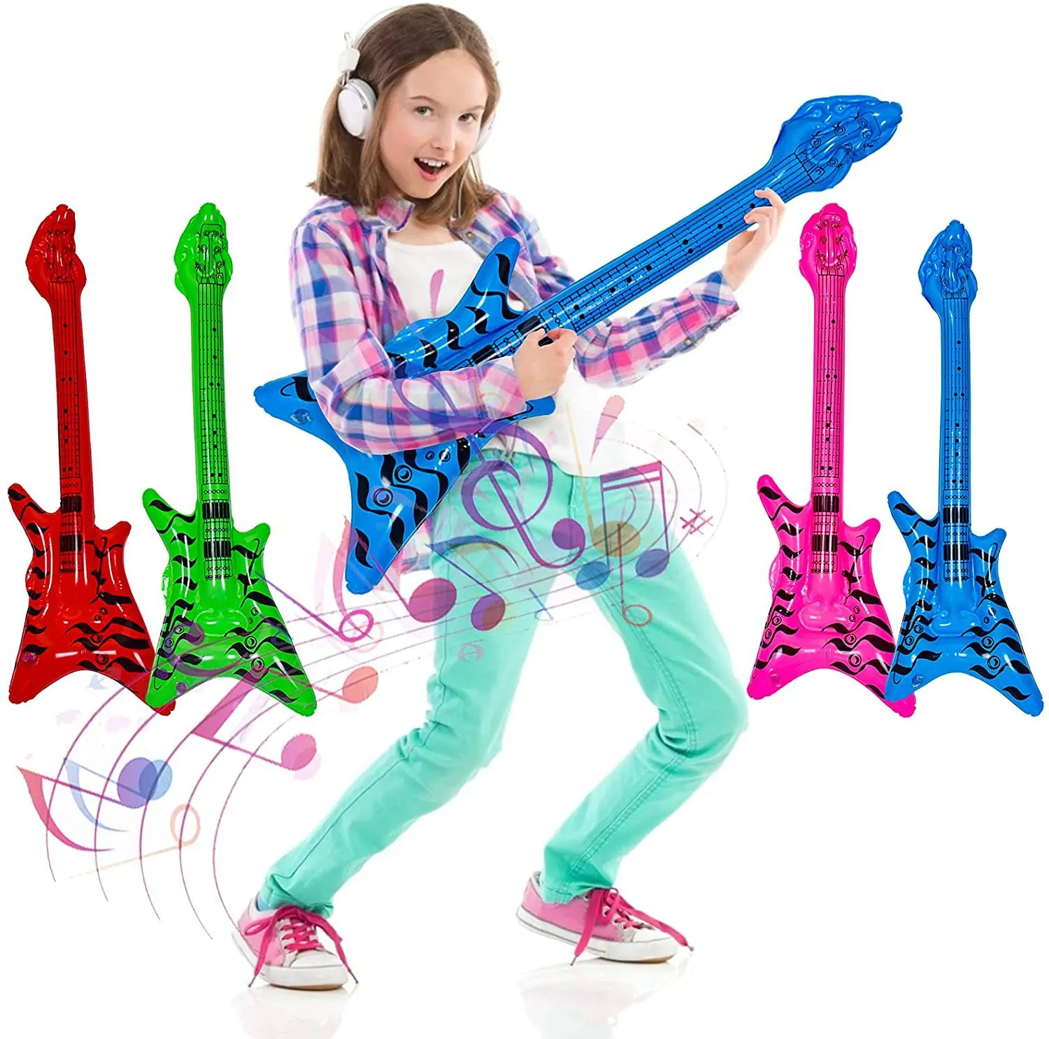 1pcs Children's Inflatable Musical Instrument Toys PVC Inflatable Guitar Stage Party Props Radio Microphone