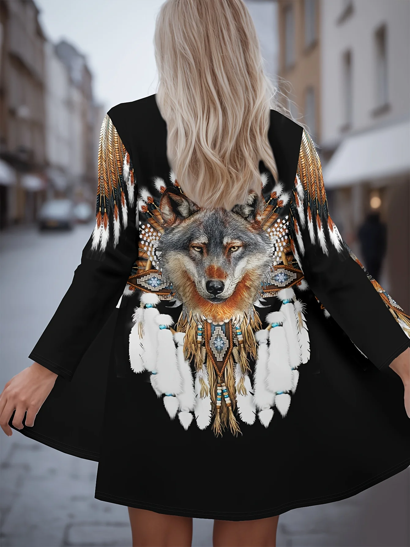 

Vintage Women's Ethnic Wolf Printed Long Sleeve Cardigan, Polyester Open Front, Lightweight Cover Up, Spring Autumn Casual Coat