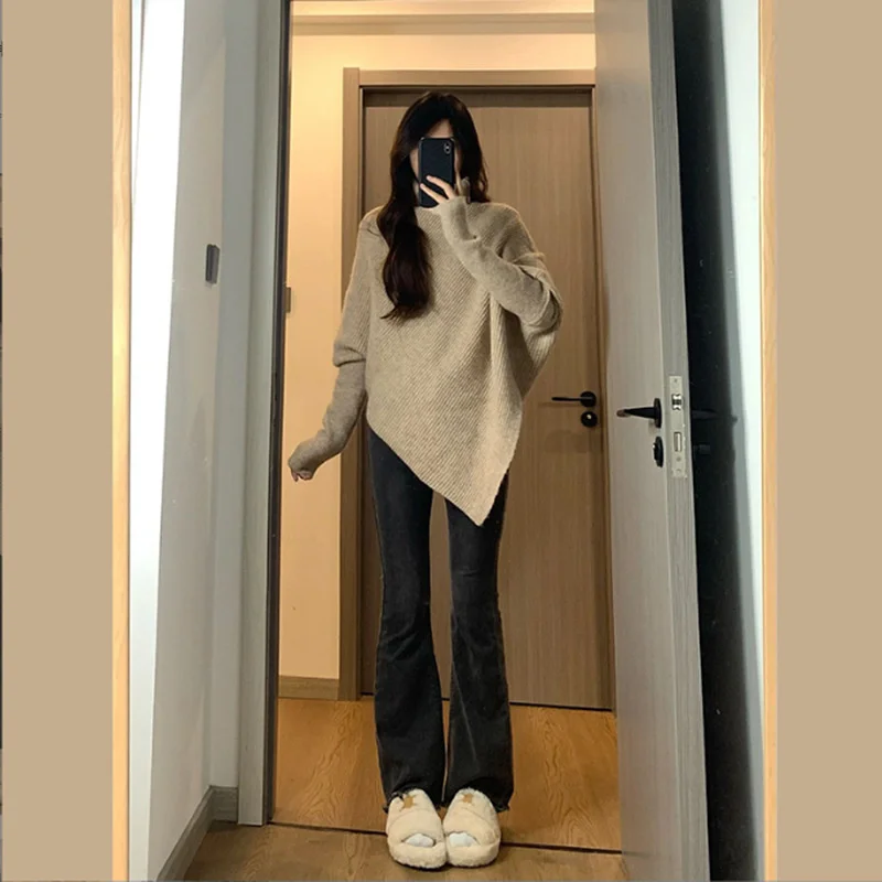 Women Pullover Fashion Sweater Long Sleeve Irregular High Collar Casual Basic Soft Simple Knitted Basic Chic Solid Tops New