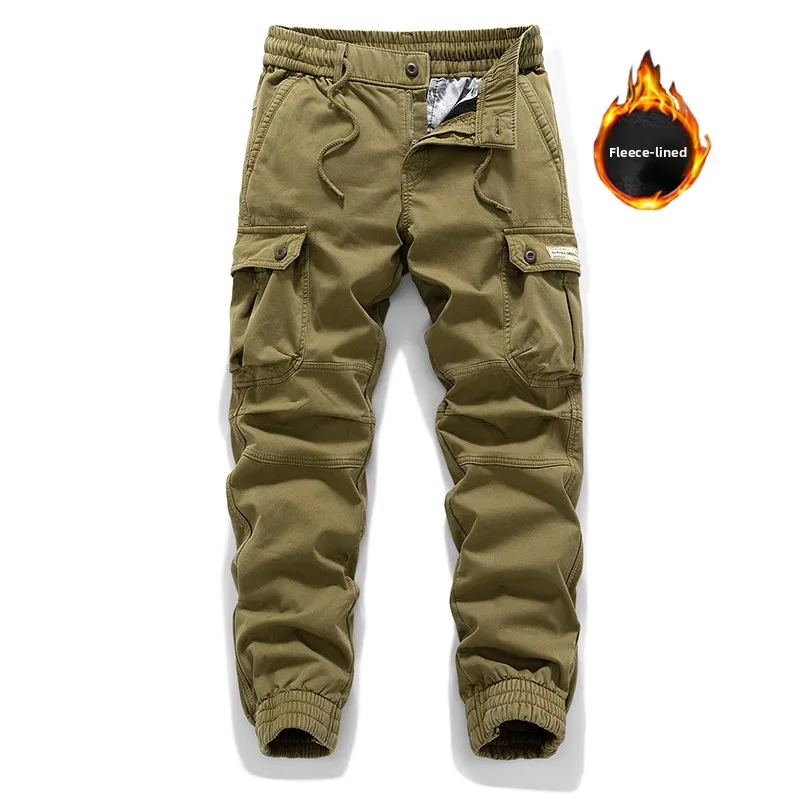 Men's trendy, comfortable, simple, loose-fitting casual cargo pants with added insulation, suitable for the autumn-winter season