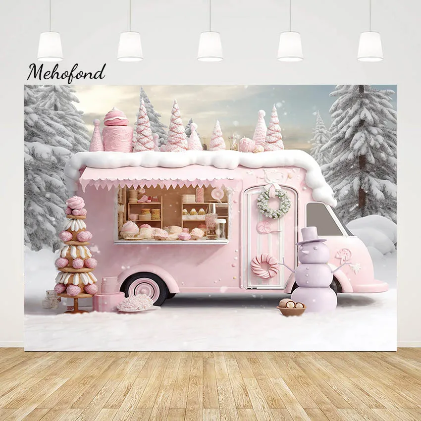 

Mehofond Christmas Pink Sweet Dessert Backdrop Photography Props Shooting Xmas Shop Winter Snow Tree Kids Birthday Background