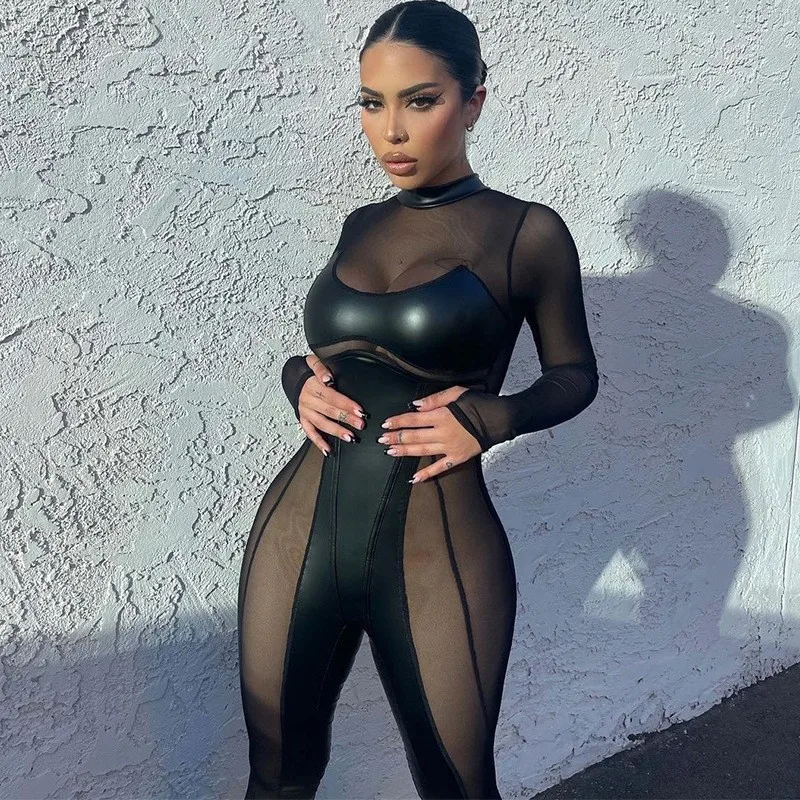 

Black Mesh Jumpsuit Back Zipper Round Neck Jumpsuits Turtleneck High Waist Romper Faux Leather Full Length Long Jumpsuit