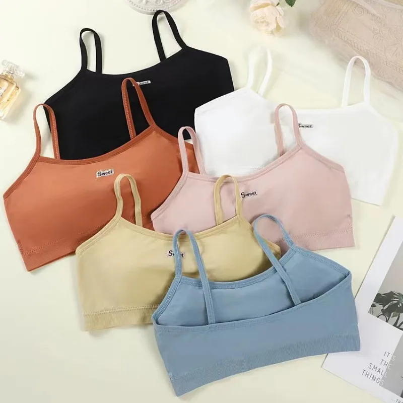 Women Basic Rib Knit Tube Top Bralette Thin Spaghetti Straps Wireless Removable Chest Pads Everyday Inner Camisole Bra