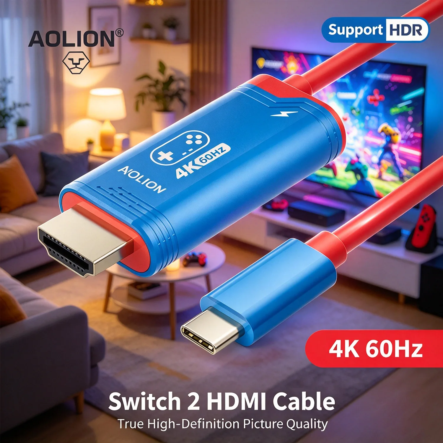 AOLION 4K Ultra HD 60Hz USB-C to HDMI Cable Lossless Video Transmission TV Dock Cable for Nintendo Switch 2 Gaming Accessories