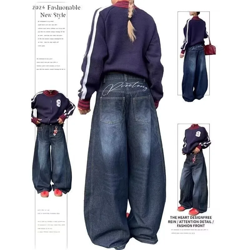 

AmericanRetroHigh Waist Scimitar Jeans 2025 Spring New High Street Design Loose Slim Wide Leg Floor Length Denim Pants for Women