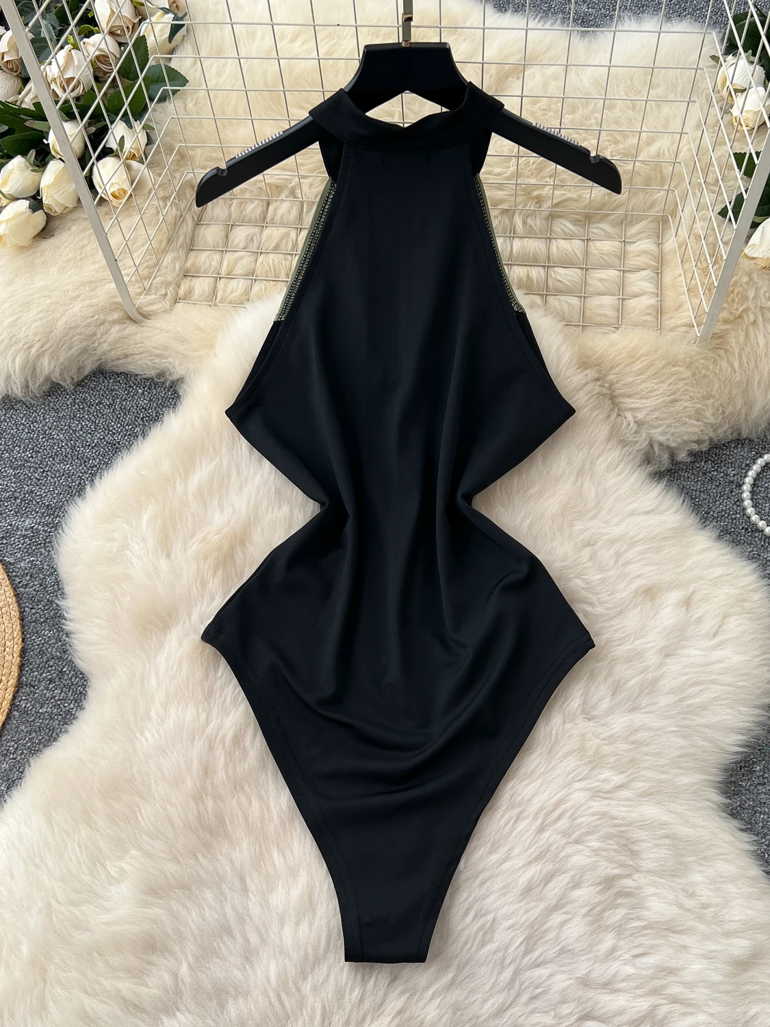 Sexy Faionable Color Blo Stand Collar Zipper Svel Ne Hanging  Women's Waist Inward Top Bot Inteated...