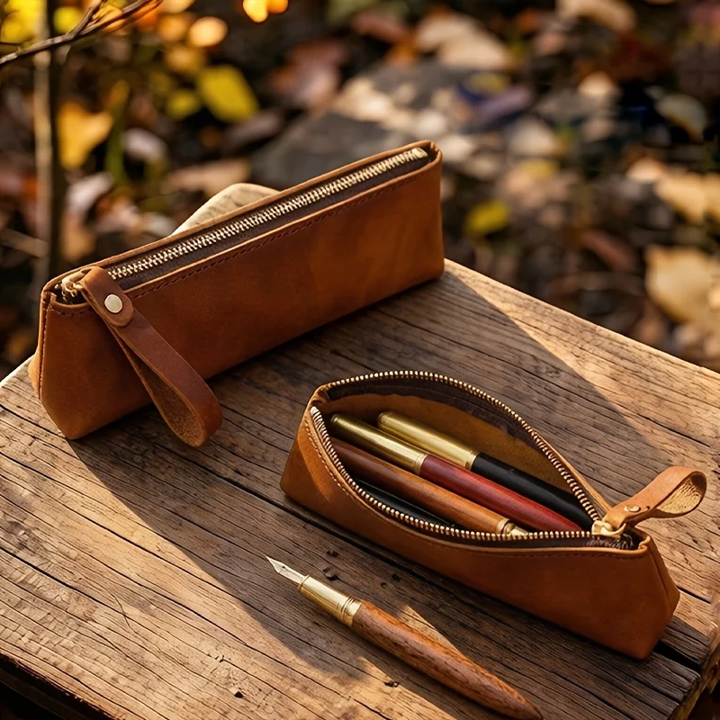 Vintage Worn Look Zipper Tool Pouch, Large Capacity, Literary Style for Students & Office Use
