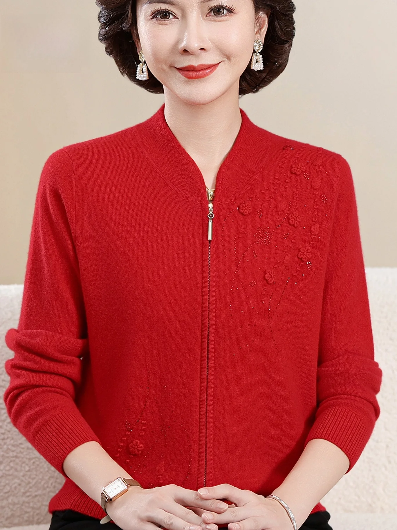 

Autumn Winter New Style Red Zipper Knitted Cardigan Women's Pure Wool Sweater Embroidered Elderly Mom's Fashion Outerwear