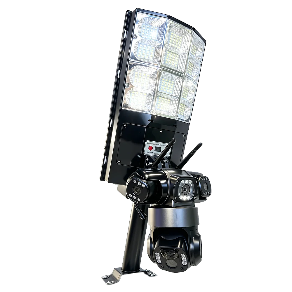 Solarbetriebene 4G-Straßenleuchtenkamera 15MP 10X Zoom Drei-Linsen-Aufnahme PIR Humanoid-Tracking Außenkamera-Lampe Fernbedienung Wasserdicht Nachtsicht CCTV-Sicherheit EU-Lager