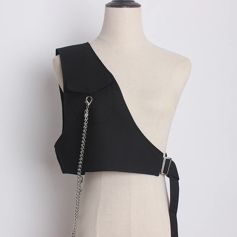 Single shoulder waistcoat female fashion chain loose all-match black fashion vest outwear