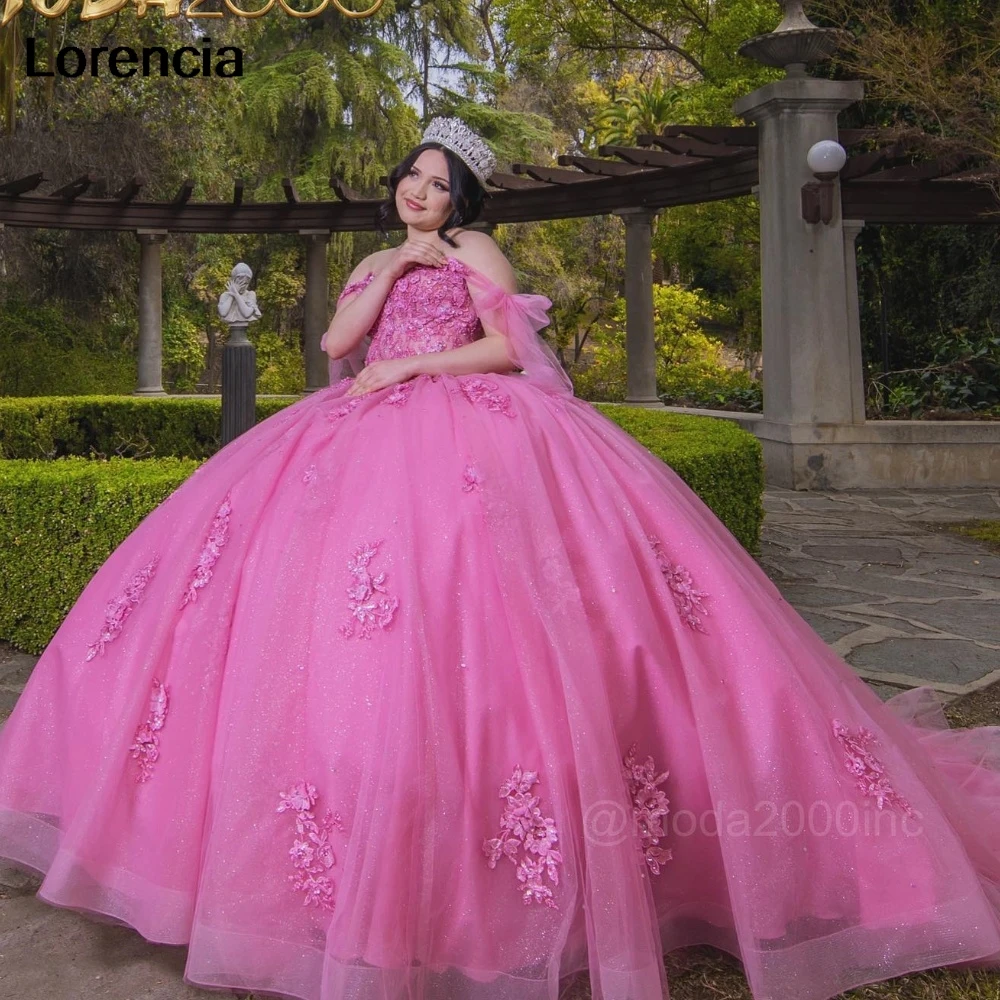 Lorensia gaun dansa merah muda Quinceanera berkilau gaun pesta korset dasi manik-manik Applique renda mengkilap manis 16 Vestidos De 15 aduduk YQD974