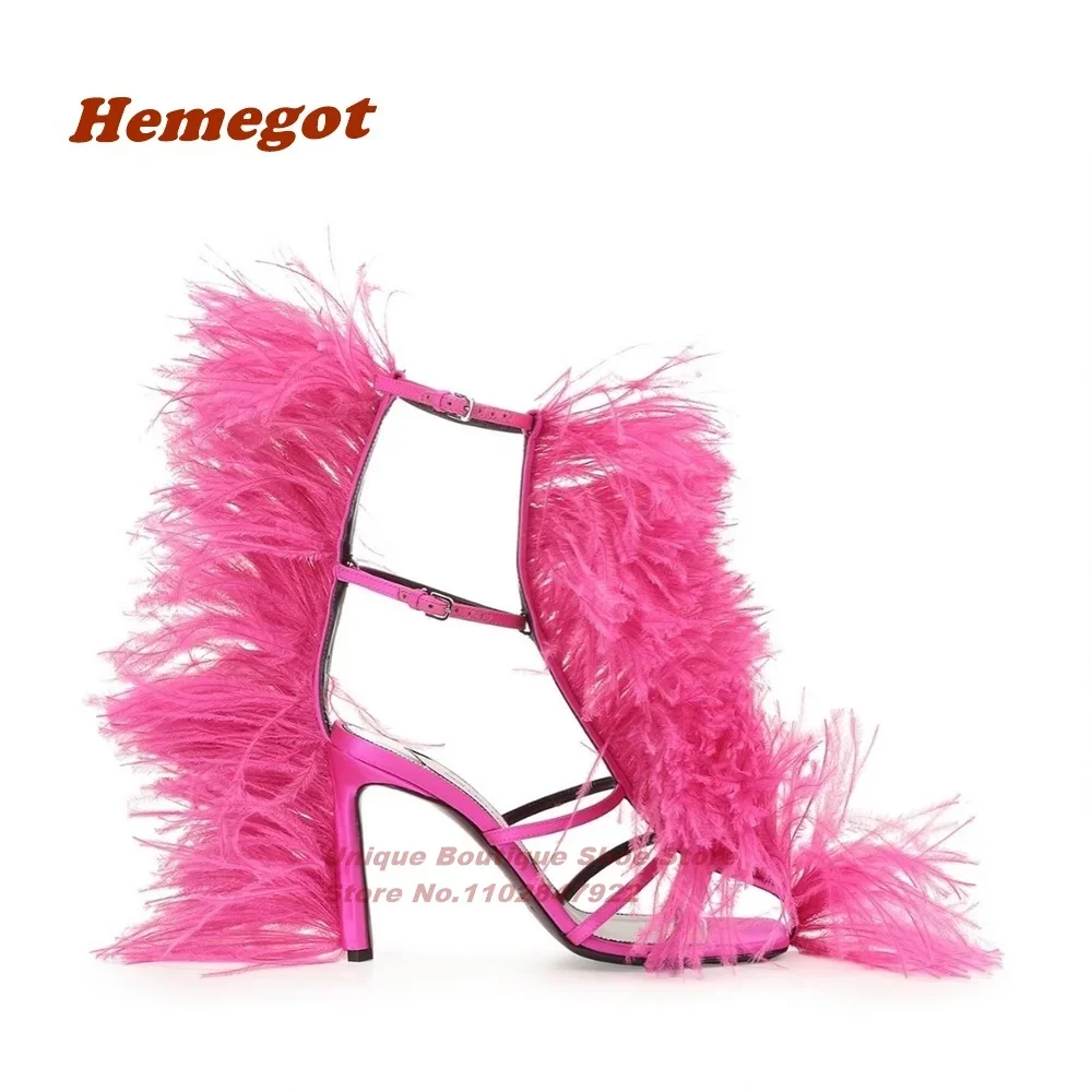 Black Fur Cut Out Sandals Buckle Strap Stiletto Heels Sandals for Women Open Toe Satin 2025 New Elegant Party Shoes Plus Size 46