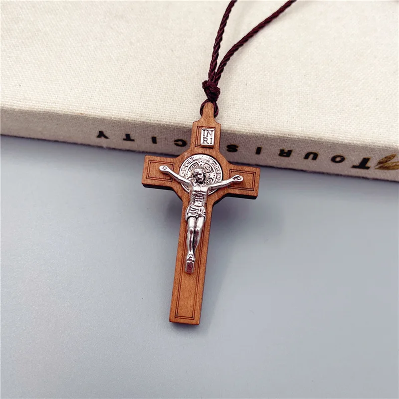 Simple Religious Belief Prayer Baptism Christian Jesus Wood Metal Cross Wax Rope Necklace Men Women Accessories Jewelry Gift