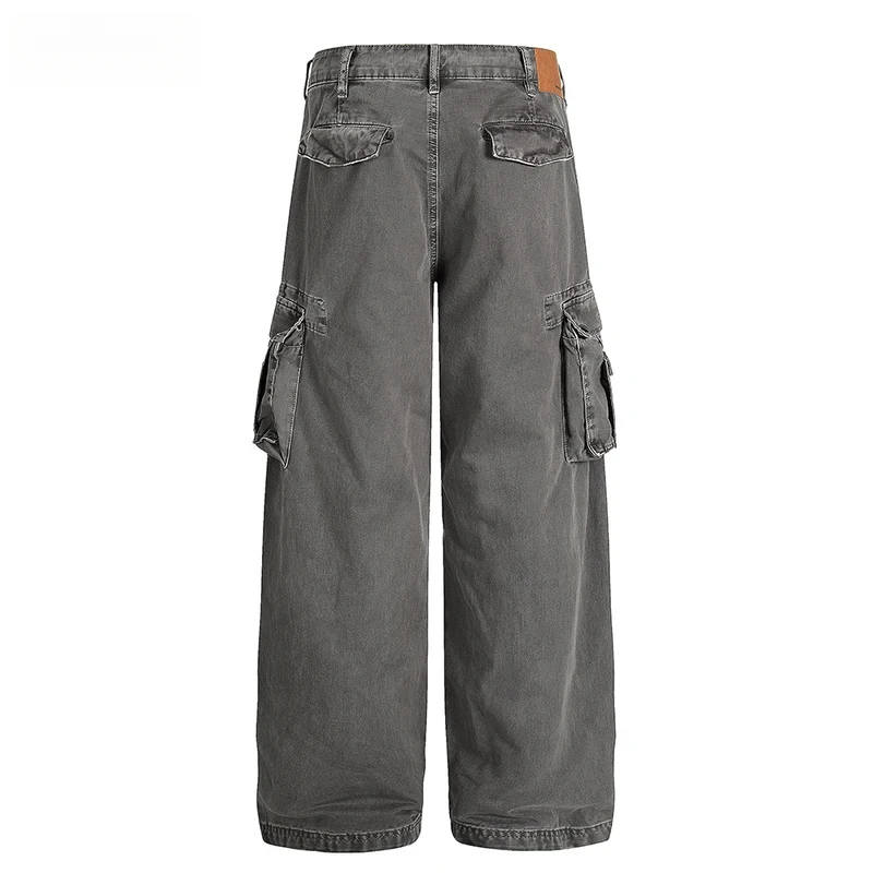 Pleated Cargo Pants  Mens Multi-Pocket Washed Distressed Retro Casual Straight Baggy Wide Leg Pants Man