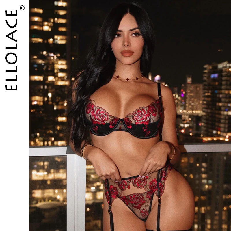 

Ellolace Elegant Sexy Lingerie Luxury Red Rose Embroidered 3PC Set Willowy Honey Jewel Burning Desire Women's Underwear