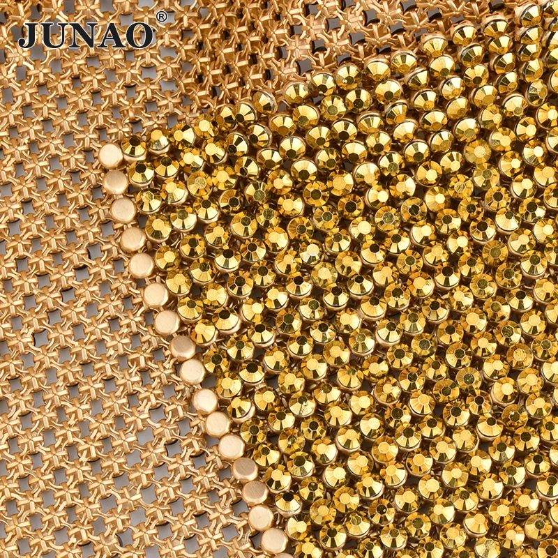 JUNAO 45*120cm Gold Crystal Rhinestone Mesh Fabric Aluminum Sewing Metal Trim Resin Strass Ribbon For Dress Jewelry Crafts