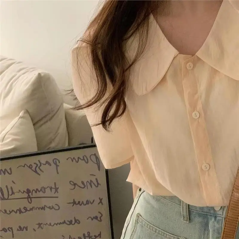 

Шикарный летний универсальный простой милый кукольный воротник Bubble Sve с одной пуговицей, однотонный свободный ort Sve irt для женщин