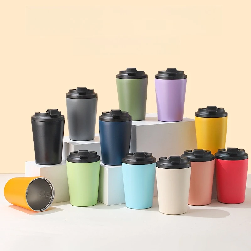 350ml Matte Solid Color 304 Stainless Steel Coffee Tumbler, Scale Mark Insulated Travel Mug with Flip Lid for Car Office Commute