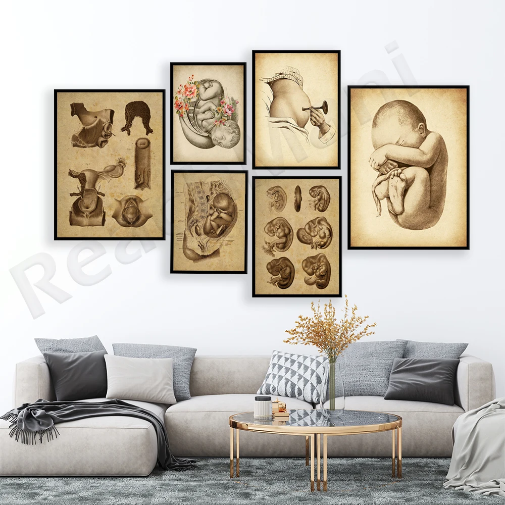 Obgyn floral poster, fetus in womb, twin babies, placenta, birth art, embryo development, pregnancy midwife art, female anatomy