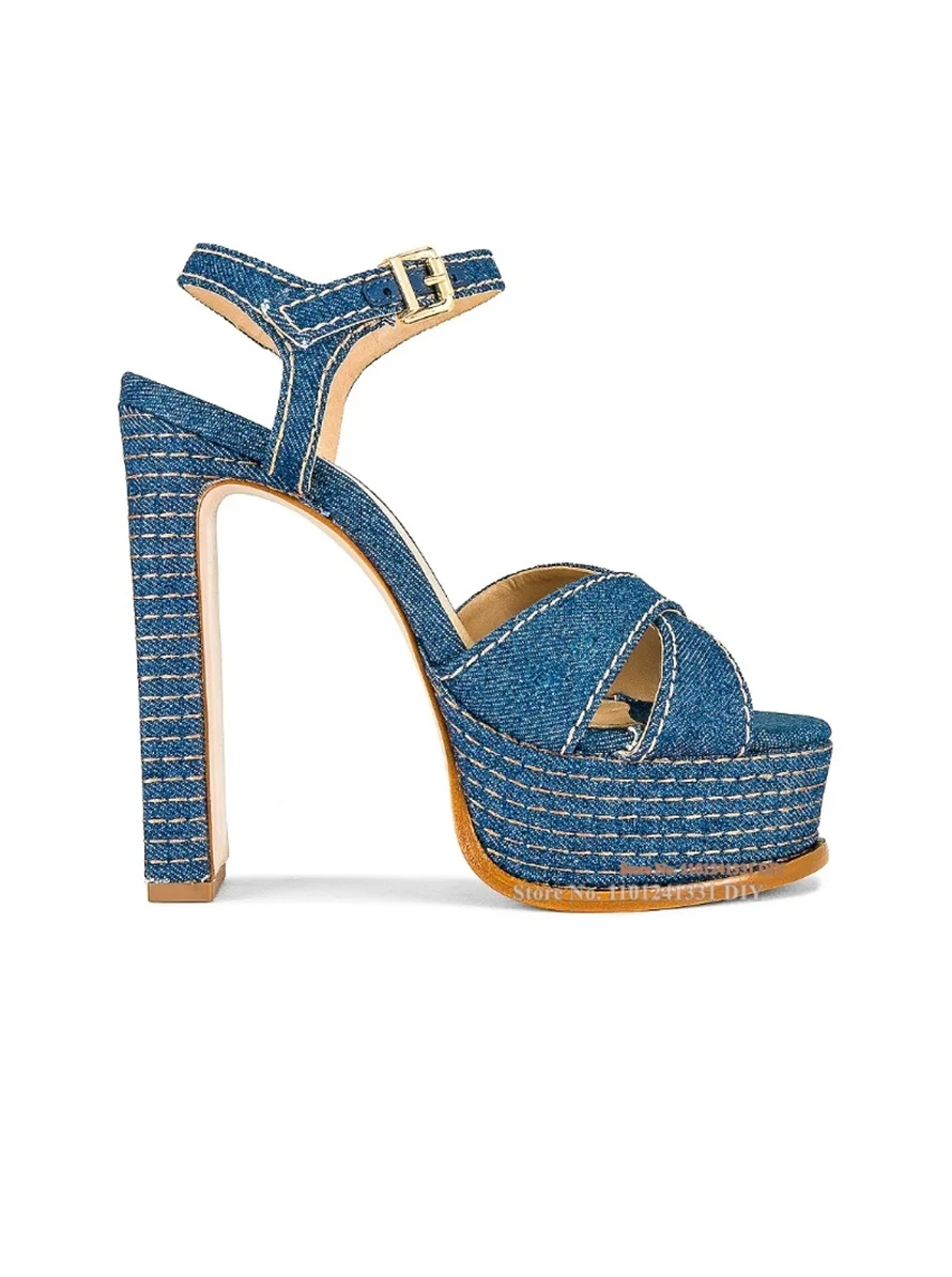 

Blue Denim Jeans Sewing Embellished Midsole Ankle Wrap Platform High Heel Sandals Women Concise Party Shoes