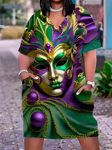 Mask Print Pocket Floral Dress Summer Large Size Beach Dresses Women Fashion African Dress Party Evening V-Neck Sundress Elegant