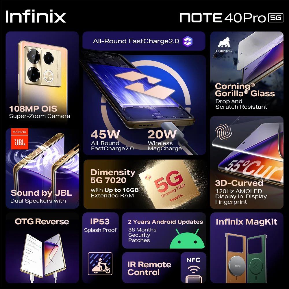 infinix Note 40 Pro 5G NFC Android Smartphone Dimensity 7020 5G Chipset Smart Mobile Cellphone 108MP Camera Cell Phone AMOLED