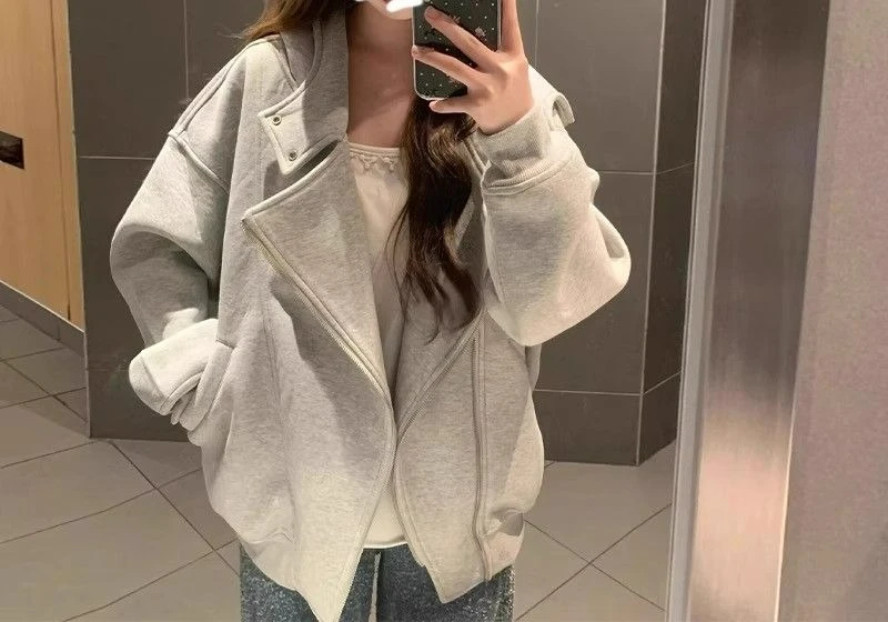 2025 Spring and Autumn Double Zipper Cardigan Hoodie with Thick Velvet Design