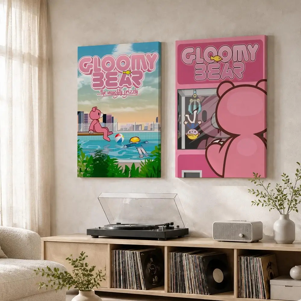 Cartoon G-Gloomy Bear Framed Wall Painting Wood Canvas Poster For Living Room Bedroom Hallway Office Home Decor Gift