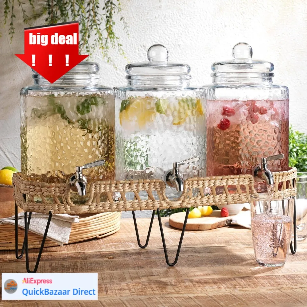 Leicht zu reinigender 1,5-Gallonen-Getränkespender aus Glas für Partys, 3er-Pack Getränkespender mit Ständer, Wasserkrugspender aus Glas, weiß
