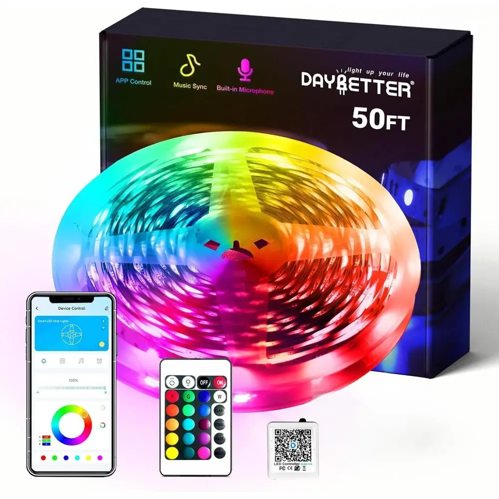 

Многоцветная светодиодная лента RGB, 50 светодиодов для спальни, управление через приложение для домашнего декора и праздничного освещения