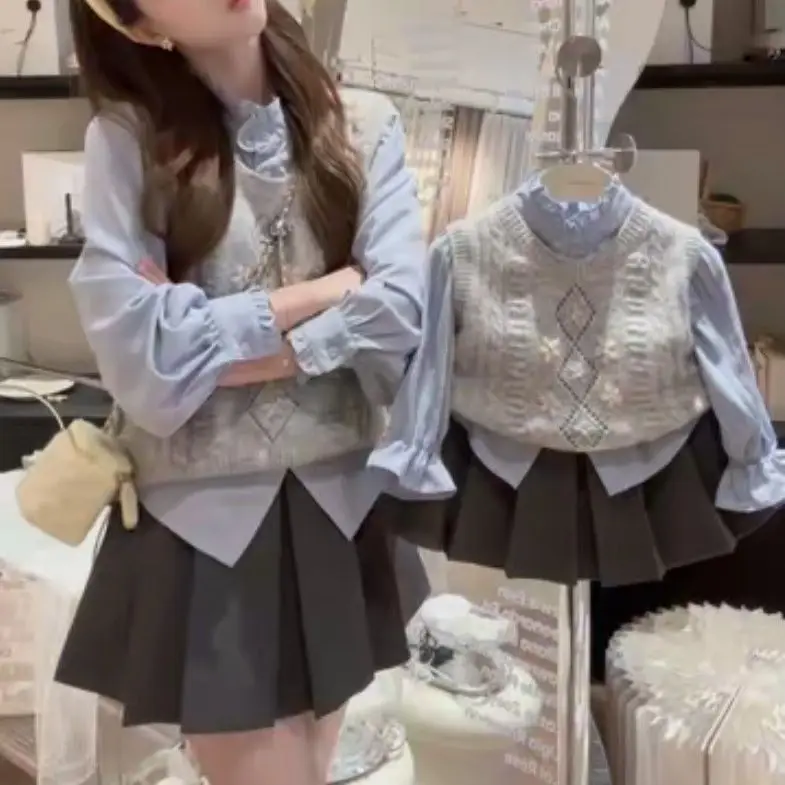 Autumn Winter Warm Floral Knit Vest Sweater +Shirts+Pleated Short Skirt 3Pcs Suits Set Kids Jackets Princess Children Outfits